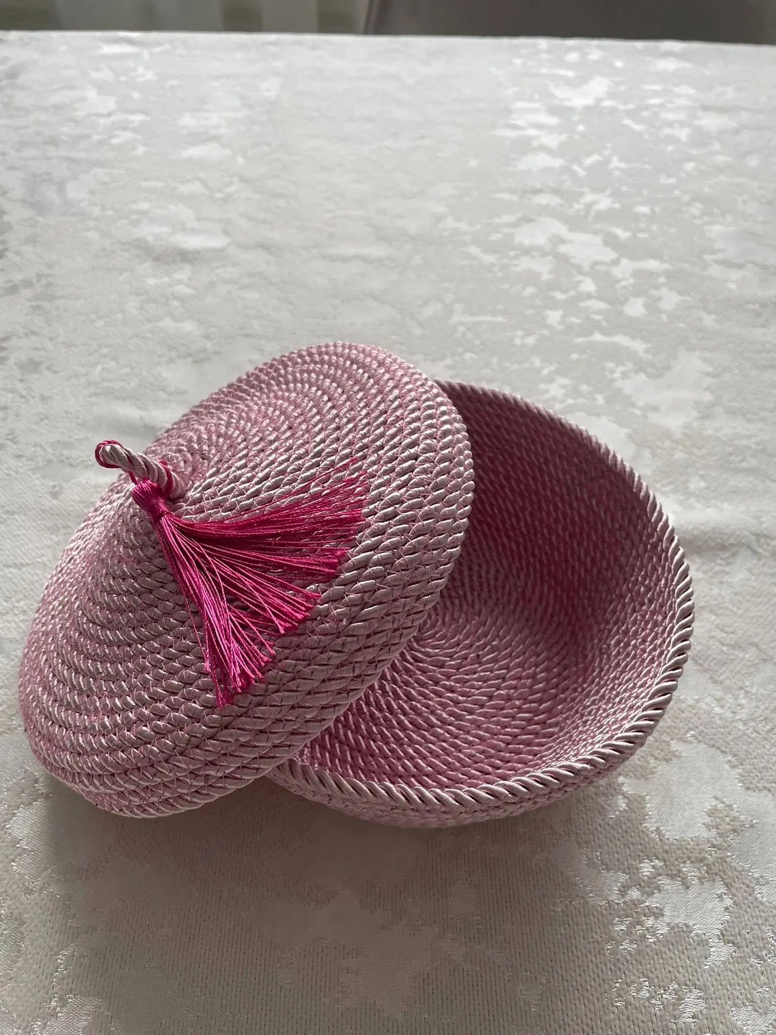 Boîte bonbonnière Rose en corde de coton, fait main par Lily Déco Main