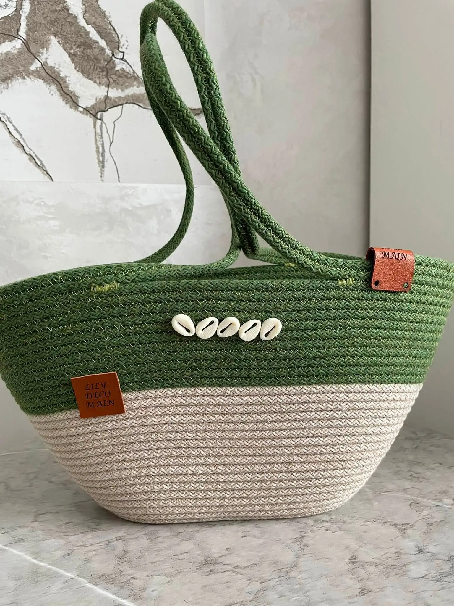 Cabas Cauri vert en corde de coton, fait main par Lily Déco Main